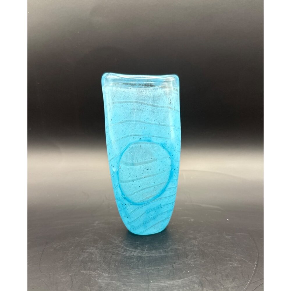 Vintage 1993 Rod Sounik Hand Blown Art Glass Vase Blue Swirl Signed #18  5in H - Picture 3 of 10